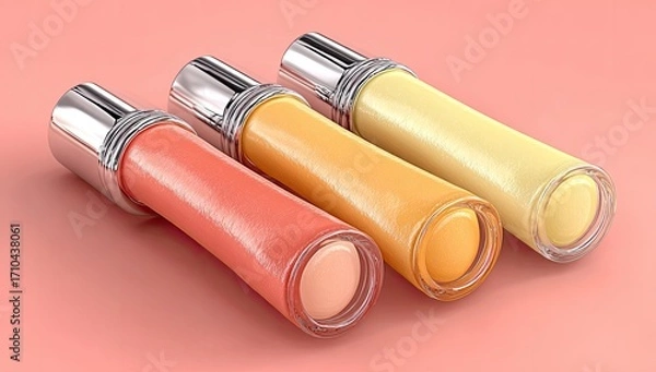 Fototapeta Three glossy, cosmetic tubes in varying shades of coral, peach, and yellow, sit on a muted coral background.  Each tube features a chrome-toned cap and a clear, rounded base