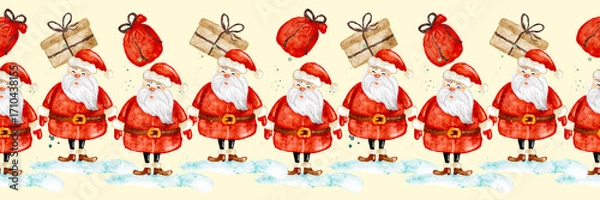 Fototapeta Repeating Santa claus and gifts seamless pattern border ribbon design for wrapping paper.