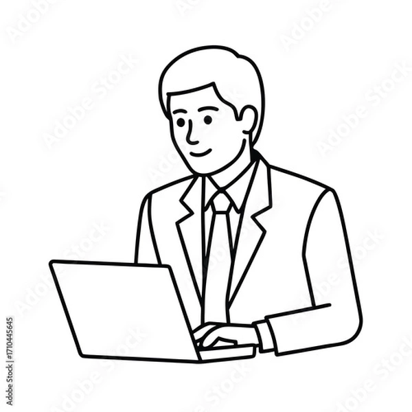 Fototapeta outline vector carton of a business man working on laptop 