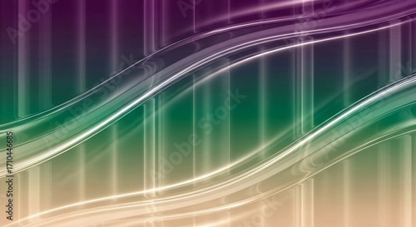 Fototapeta Abstract flowing light streaks in vibrant purple green and gold gradient background with vertical lines
