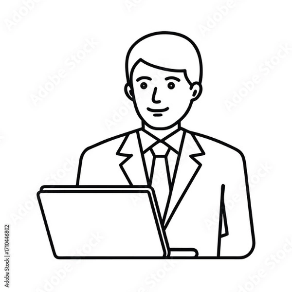 Fototapeta outline vector carton of a business man working on laptop 