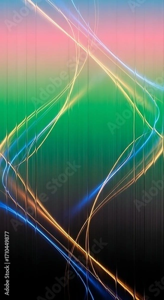 Fototapeta Abstract light trails and geometric patterns with vibrant green and pink gradient background