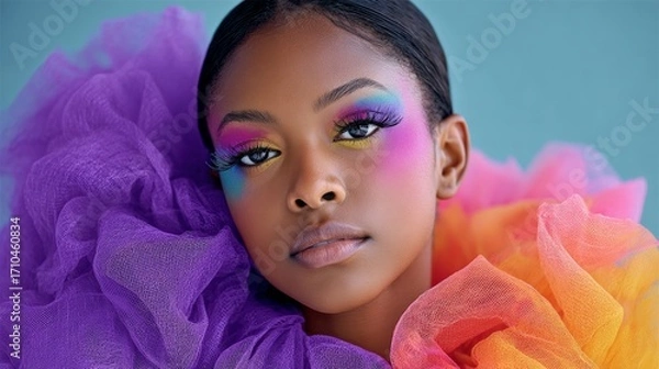 Fototapeta Woman with colorful makeup and a purple and orange scarf. The scarf is made of a fuzzy material and is draped over her head