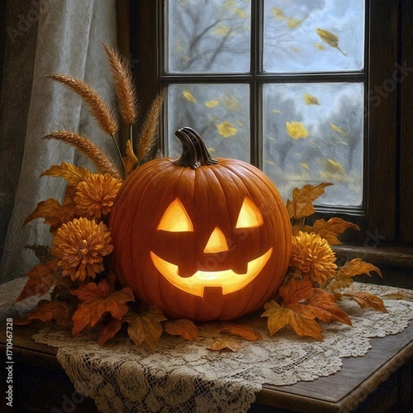 Fototapeta A carved jack-o-lantern sits on a lace-covered table adorned with orange flowers and autumn leaves