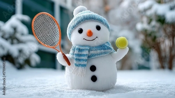 Fototapeta Snowman holding a tennis racket and a tennis ball. The snowman is smiling and he is enjoying the game