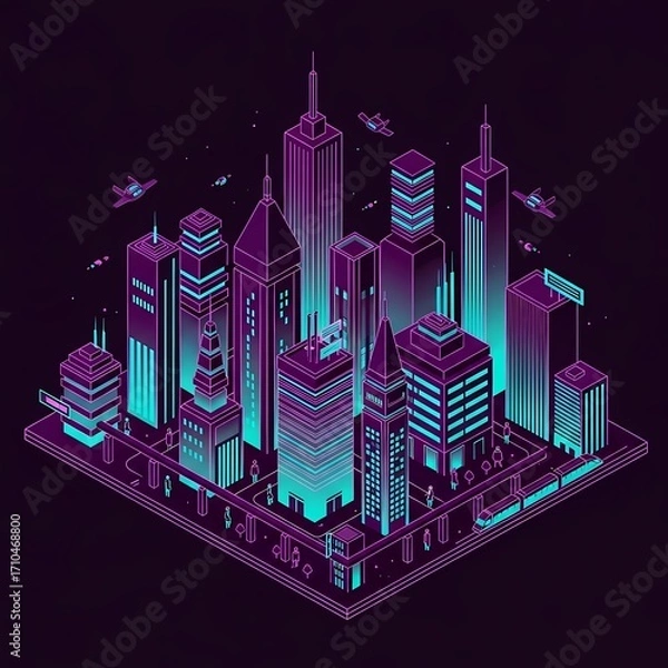 Fototapeta Futuristic Neon Vector Skyline with Isometric Perspective