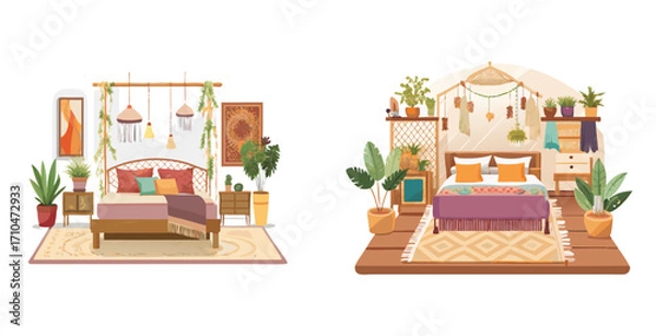 Fototapeta Eclectic bohemian style bedroom interior with layered textiles and vibrant colors Vector art design illustration