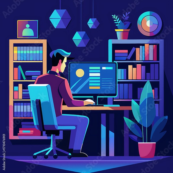 Fototapeta Focused Man Programming at Night in Home Office with Blue Lighting, Ai Generated