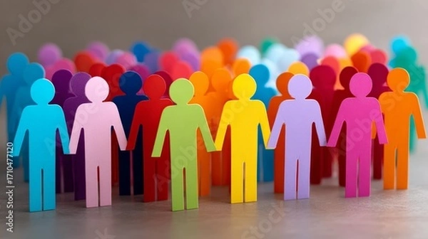 Fototapeta Group of people are holding hands in a rainbow of colors. Concept of unity and togetherness, as the people are all connected by the same color