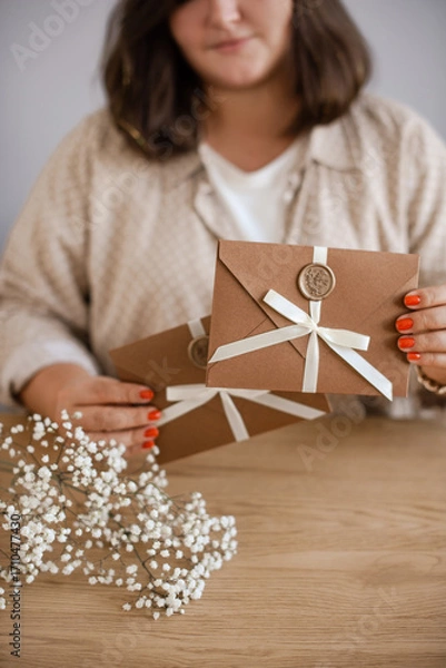 Obraz Luxury Gift Card in Bronze Envelope in Female Hands