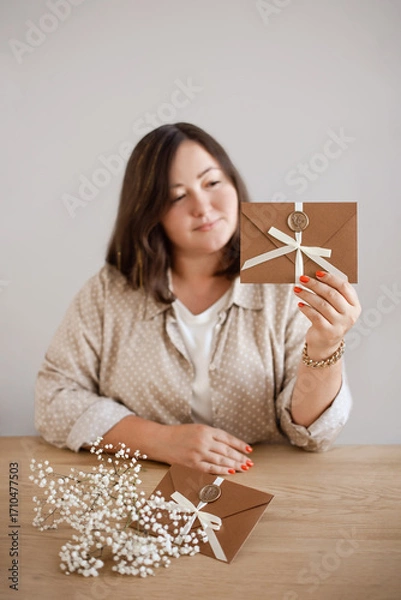Obraz woman presents gift certificate envelope with seal and bow