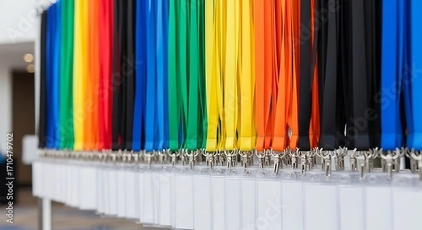 Fototapeta Colorful ID Lanyards Displayed in Rows, Ready for Event.