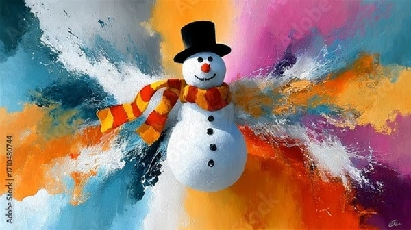 Fototapeta Snowman with a scarf and hat is standing in a colorful background. The snowman is smiling and he is happy. The background is a mix of bright colors, which creates a cheerful and festive mood