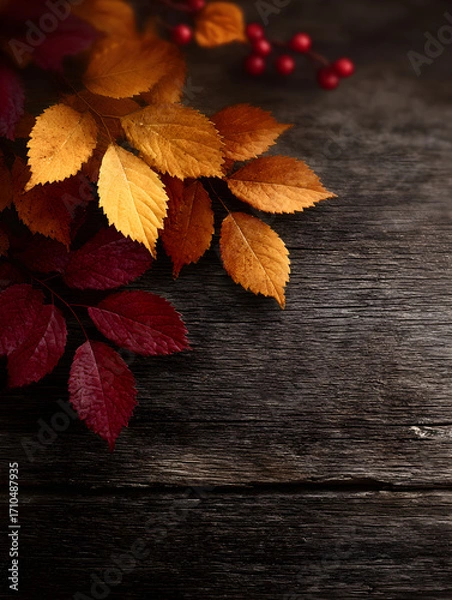 Fototapeta Orange-red leaves are placed on a wooden floor decorated with small red fruits.