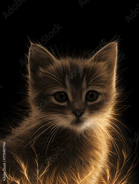 Fototapeta A glowing golden line pattern of a cute little cat on a black background staring at you.