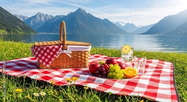 Fototapeta A picturesque picnic scene unfolds beside a serene lake, nestled amidst majestic mountains under a bright, sunny sky. A checkered picnic blanket is spread on the grassy shore