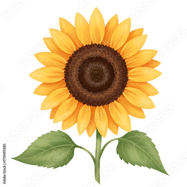 Obraz Vibrant yellow sunflower with green leaves isolated on transparent background