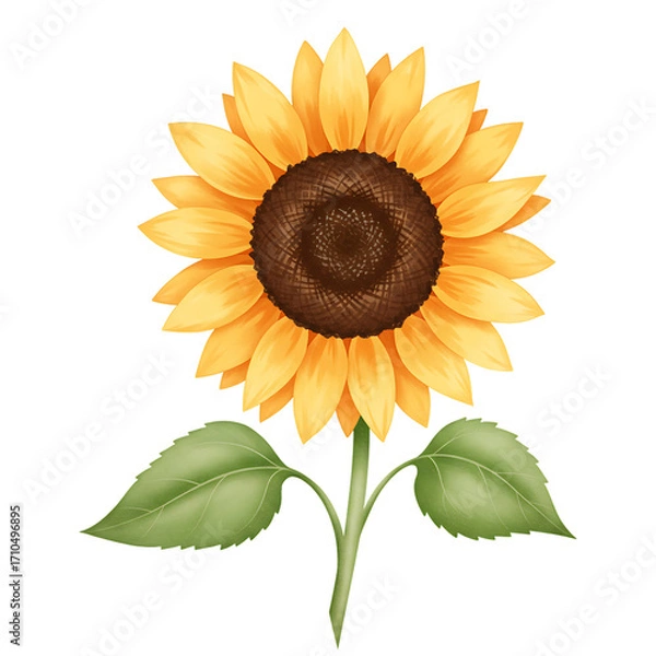 Obraz Vibrant yellow sunflower with green leaves isolated on transparent background