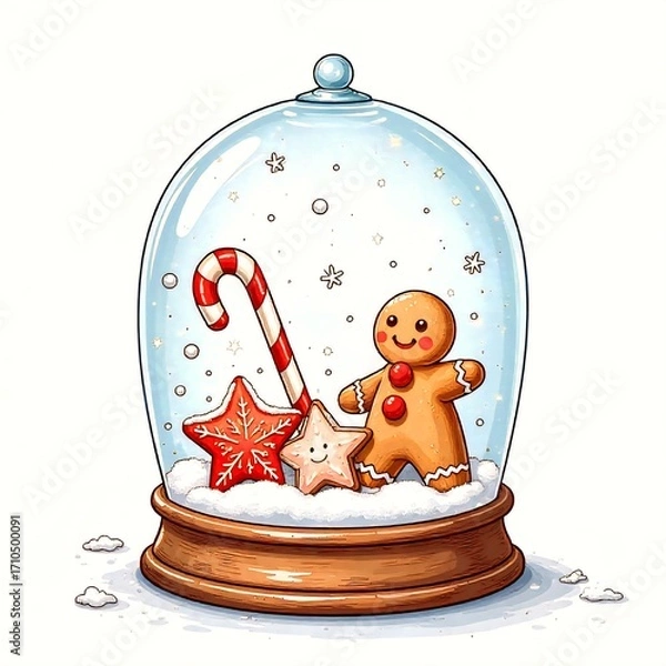 Fototapeta Gingerbread figures and a Christmas tree in a snow globe capturing festive holiday cheer
