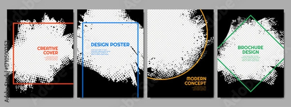 Fototapeta Vector illustration. Hand drawn abstract black color frame set. Ink brush strokes mess. Design for poster, invitation, gift card, coupon, book cover, photography overlay. Paint splatter with halftone