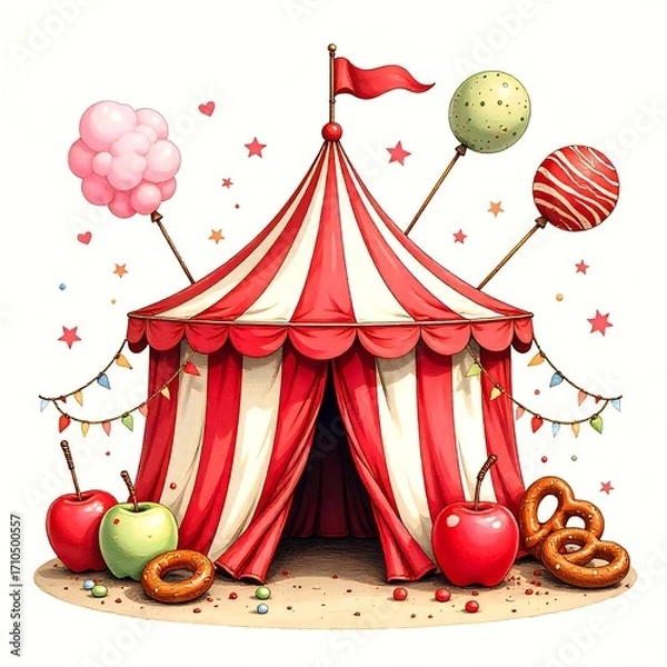 Fototapeta A vibrant circus tent stands proudly, adorned with red and white stripes. Surrounding it are sweet treats like cotton candy, candy apples, and pretzels, creating a joyful fairground ambiance.
