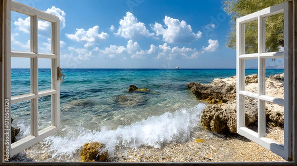 Obraz Ocean view seen through two open white windows.