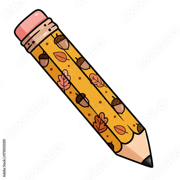 Obraz Whimsical yellow pencil with autumn acorns and leaves isolated on transparent background