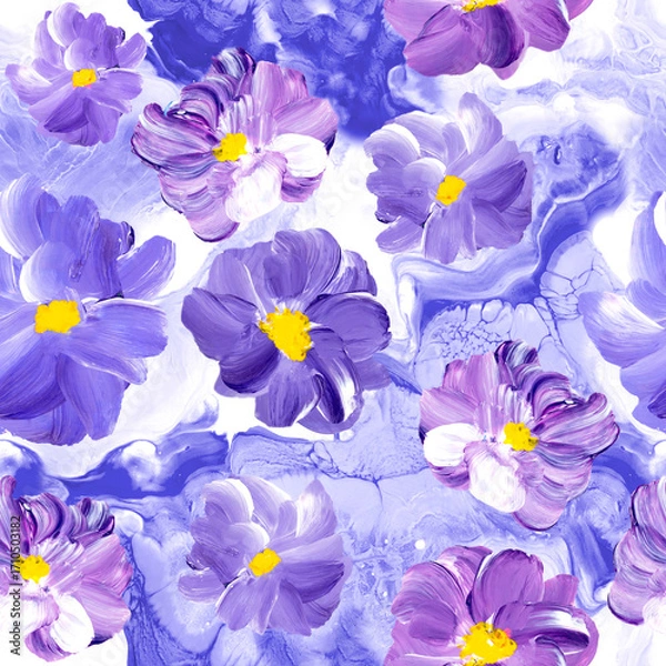 Fototapeta Seamless pattern of abstract purple flowers, original hand drawn, impressionism style, color texture, brush strokes of paint, art background