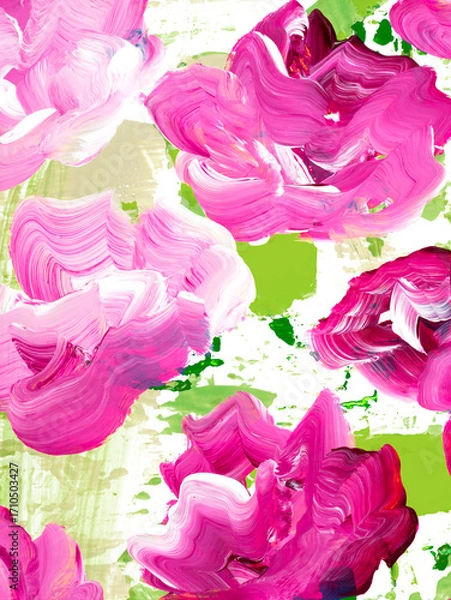Fototapeta Abstract pink  flowers, original hand drawn, impressionism style, color texture, brush strokes of paint, art background.