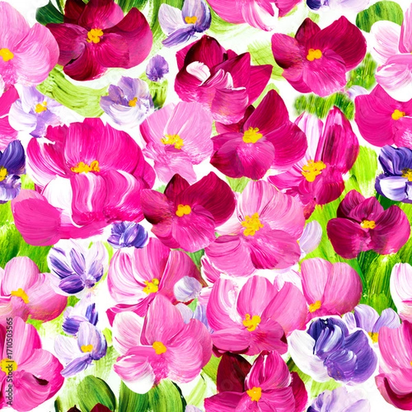 Fototapeta Seamless pattern of abstract pink and purple flowers, original hand drawn, impressionism style, color texture, brush strokes of paint, art background