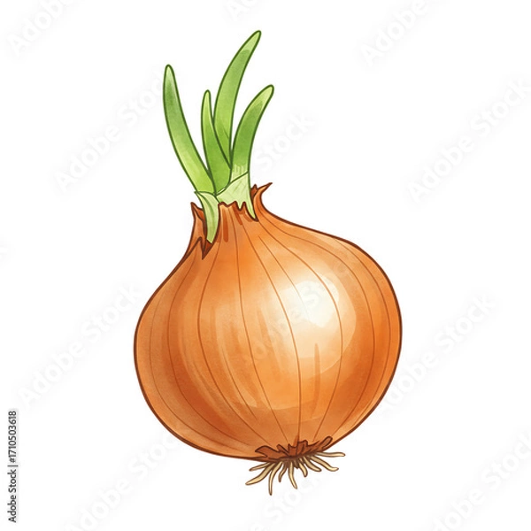 Obraz A single brown onion with green sprouts emerging from the top isolated on transparent background