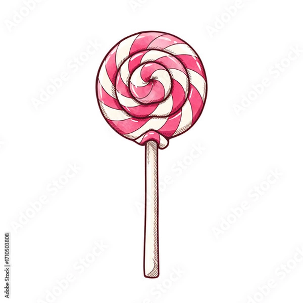 Obraz A classic pink and white swirled lollipop on a stick isolated on transparent background
