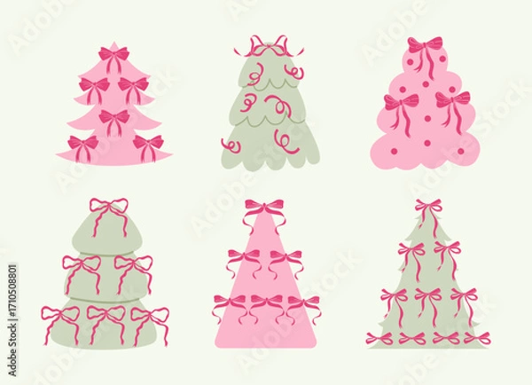 Fototapeta Christmas tree with coquette bow collection. New Year Clip Art.  Flat Vector Illustration.
