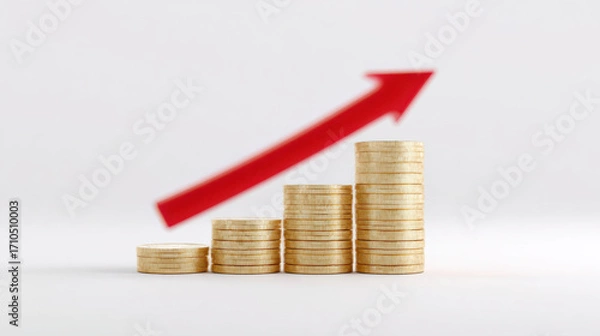 Fototapeta Increasing interest rate influences financial decision shown by stacked coins with upward arrow symbolizing growth