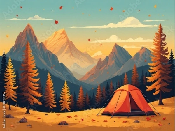 Fototapeta Autumn camping on the mountains vector illustration