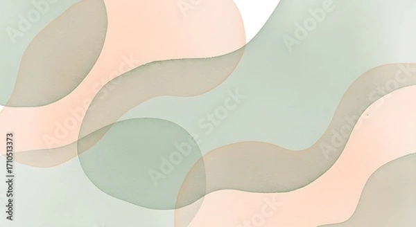Fototapeta Translucent organic shapes in pastel peach sage green and soft beige against a light