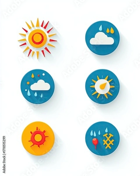 Fototapeta Colorful weather icons featuring sun and clouds.