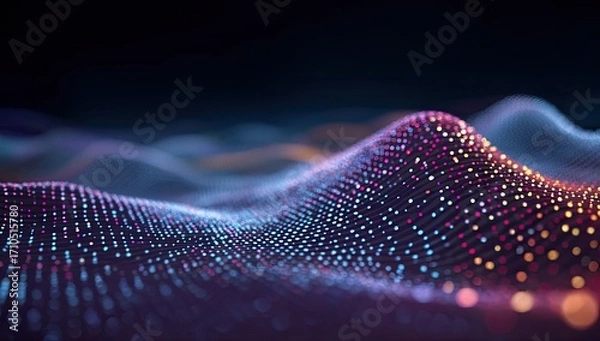 Fototapeta Abstract digital landscape of glowing particles in vibrant colors, flowing in undulating patterns