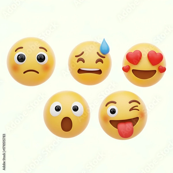 Fototapeta Collection of five 3d rendered emoji faces expressing different emotions like sadness, pain, love, surprise, and happiness, isolated on white background