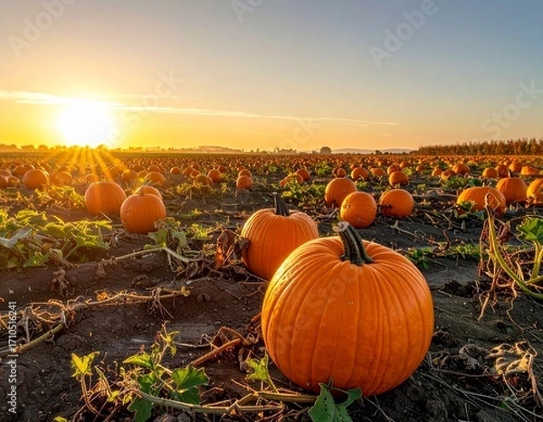 Fototapeta Pumpkin patch at sunset with many pumpkins in a field.