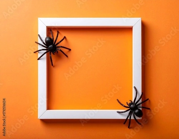 Fototapeta Halloween frame with spiders on orange background.