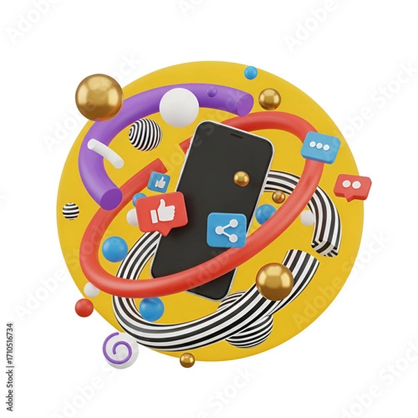 Fototapeta 3d render of a smartphone surrounded by social media icons and abstract shapes, representing digital communication and online engagement