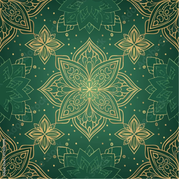 Fototapeta Seamless pattern dark green background and ornamental golden flower line drawing seamless textile design vector