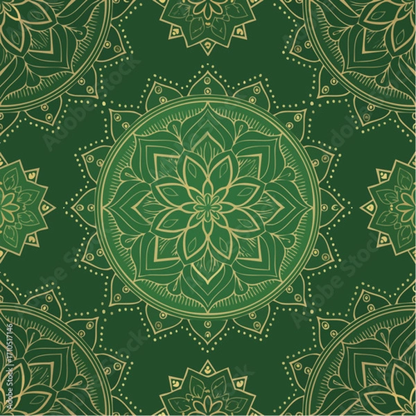 Fototapeta Seamless pattern dark green background and ornamental golden flower line drawing seamless textile design vector5