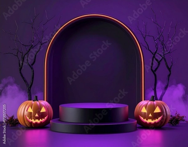 Fototapeta Halloween scene with pumpkins, arch, platform, and spooky trees on a purple background.