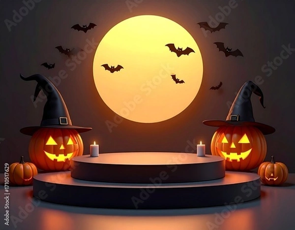 Fototapeta Halloween scene with pumpkins, bats, and a full moon backdrop.