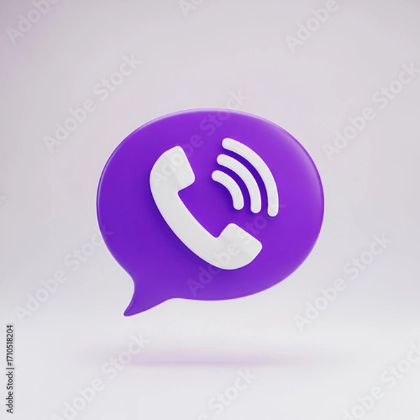 Fototapeta 3d icon of a phone receiver inside a purple chat bubble, representing voice calls, communication, and phone service in a modern, stylized design