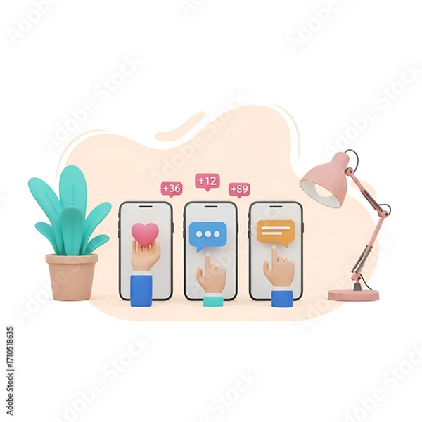 Fototapeta Social media engagement concept with hands interacting with phone screens showing likes, messages, and notifications, isolated on white background