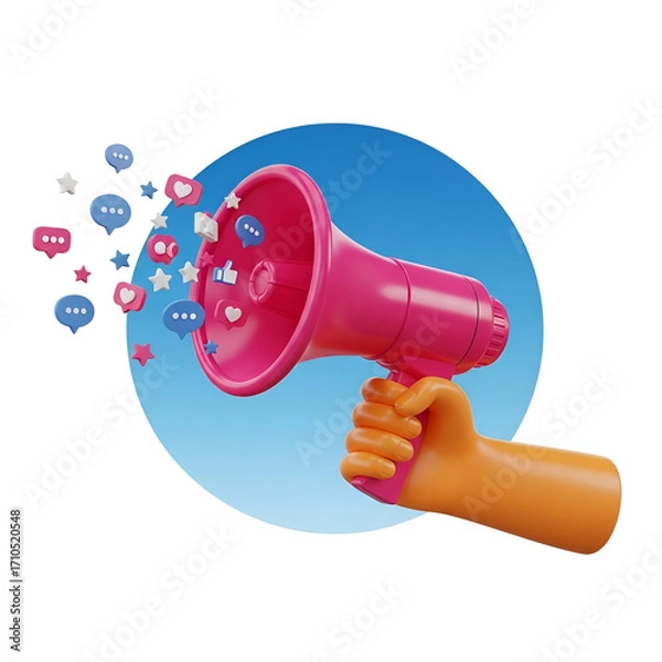 Fototapeta 3d rendered hand holding a pink megaphone, broadcasting social media icons like hearts, likes, and chat bubbles