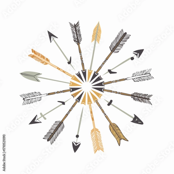 Fototapeta A set of decorative arrow mandala vector illustrations arranged in radial symmetry. Perfect for boho, tribal, ethnic, and geometric design projects, suitable for backgrounds, patterns, crafts, or bran